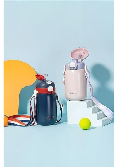 Diller 420ml Pipetli Askılı Çelik Lacivert Çocuk Termos Matara 6 Saat Sıcak/soğuk Tutma Süresi Beyaz