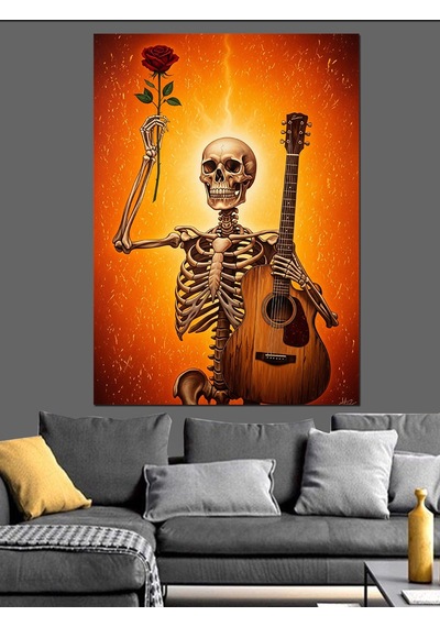 Ahşap Tablo İskelet Gitarlı Müzisyen Retro