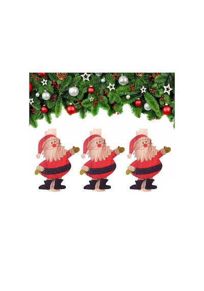 Yılbaşı Ahşap Desenli Noel Baba Dekoratif Mandal 6'lı