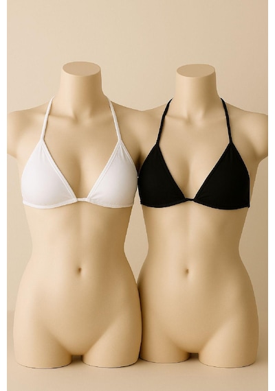 Moda Dua Kadın Siyah Ve Beyaz Minimal Kesim Üçgen Bikini Üstü Çok Renkli