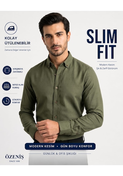 Özeniş Erkek Cepsiz Pamuklu Uzun Kollu Oxford Slim Fit Gömlek Siyah
