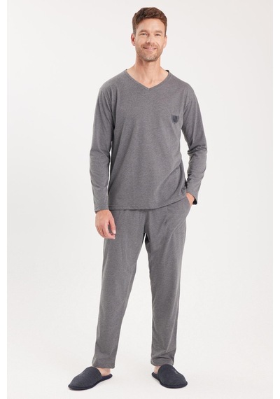 Tudors Erkek Standart Fit %100 Pamuk V Yaka Beli Lastikli Gri Pijama Takımı-37938 Gri