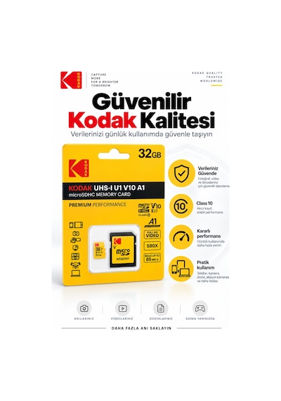 32gb Microsdhc Hafıza Kartı Uhs-ı U1 V10 A1 Class 10 85 Mb/s Full Hd Destekli Sd Adaptörlü