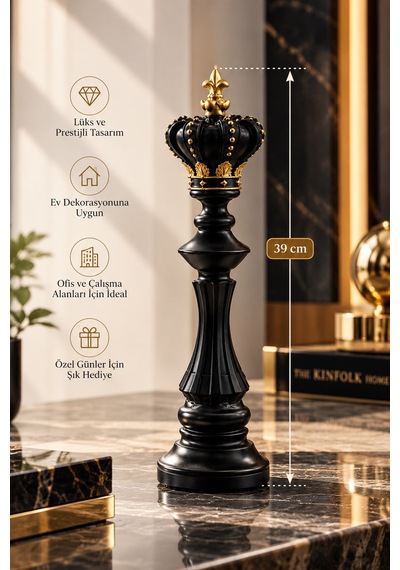 Siyah Gold Kral Taç Figürlü Dekoratif Satranç Biblosu Lüks Masa Ve Ofis Aksesuarı