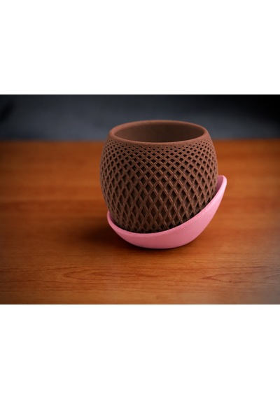 3d Baskı Küre Saksı - Kafes Dokulu İki Parçalı Dekoratif Saksı - Kahverengi-pembe