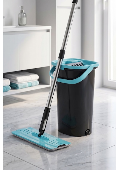 Compact Tablet Mop Temizlik Seti - Mikrofiber Paspas Ve Sıkma Hazneli Kova Siyah/mavi