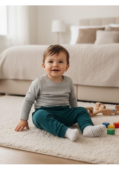 Zekids Erkek Çocuk Pamuklu Lastikli Duble Paça Eşofman Altı-16388 Yeşil