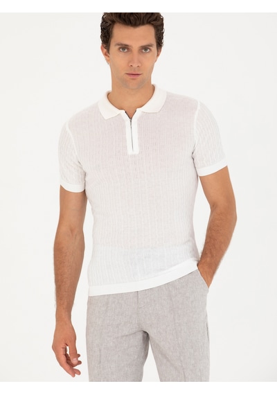 Beyaz Slim Fit Polo Yaka Triko T-shirt