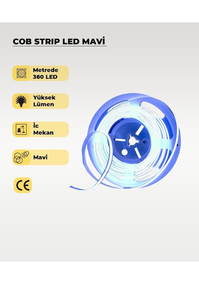 12v Cob Şerit Led Mavi Işık - Metrede 360 Led - 5 Metre 5 METRE