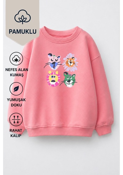 Monila Kız Çocuk 3 İplik Kumaş Pamuklu Hayvan Baskılı Sweatshirt Pembe