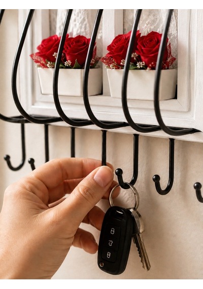 Ahşap Pencere Tasarımlı Duvar Tipi Anahtarlık Anahtar Askılığı Dekoratif Organizer Beyaz