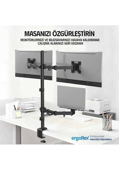 Ergoflex EF75 Steel Design 2-8 kg Triple Kol Asansörlü 13"-27" Monitör&10-17" Laptop Standı