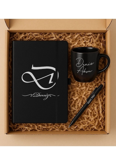 Bk Gift Kişiye Özel İsimli Siyah Defter, Mat Roller Kalem, Siyah Seramik Kupa Hediye Seti-1, Sevgiliye Hediye, Arkadaşa Hediye, Öğretmene Hediye Kobit