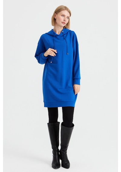 Desen Triko Kadın Kapüşonlu Sweat Elbise Saks Saks