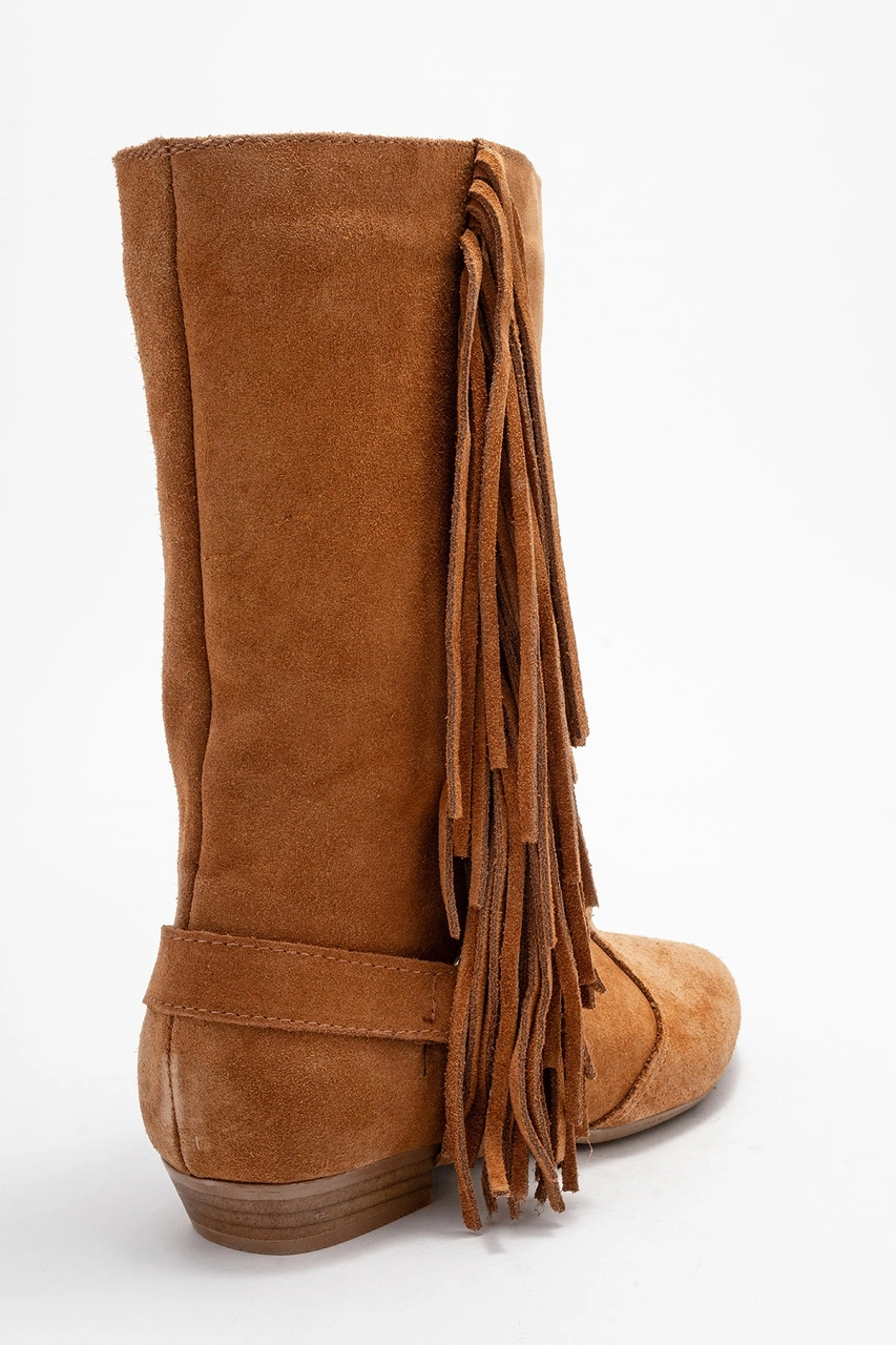 Luvishoes Luvi Shoes Selora Taba Süet Püsküllü Hakiki Deri Tokalı Kadın Western Bot Taba Süet