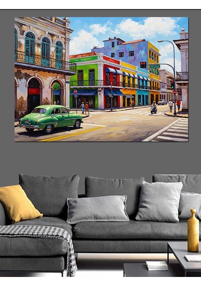 Ahşap Tablo Renkli Binalı Nostaljik Şehir Sokağı Obje Tabloları