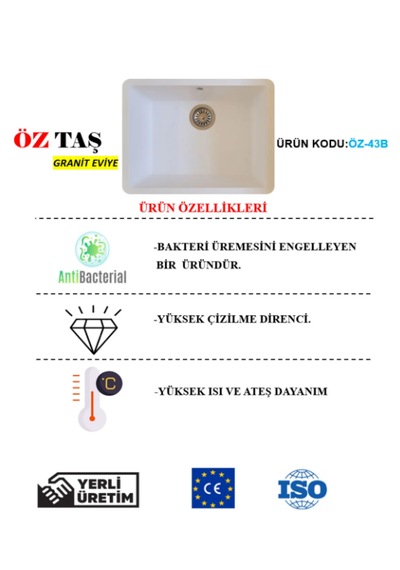 Öztaş ÖZ-43b Granit Mutfak Eviye Beyaz Tek Gözlü 43 x 55 CM