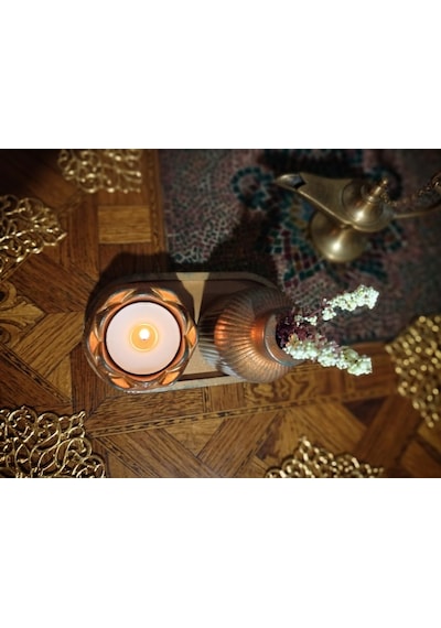 Efruz Antik Bakır Görünümlü 3'lü Dekoratif Set - Lotus Tealight Mumluk, Çizgili Mini Vazo Ve Sunum Tablası