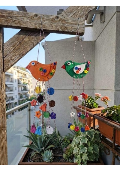 Taş Tozu El Yapımı 2li Kuş Figürlü Renkli Rüzgar Çanı - Balkon Ve Bahçe Duvar Süsü