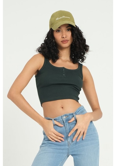 Hiccup Kare Yaka Fitilli Düğmeli Tank Top Orman Yeşili