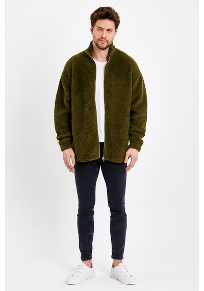 JAHR MARC Fermuarlı Oversize Yeşil Peluş Ceket - S Yeşil