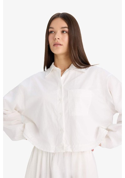 DeFacto Oversize Geniş Kalıp Basic Düz Paraşüt Uzun Kollu Beyaz Gömlek E6693AX25SPER98