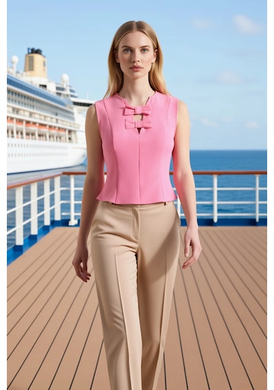 Benerly Kadın Bluz Crop Fiyonk Detaylı Kesik Yaka Kolsuz Dokuma Kumaş Düz Pembe