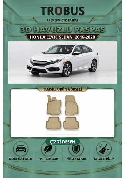 Honda Civic Sedan 2016-2020 Çizgi Desen 3d Havuzlu Paspas Takımı Bej