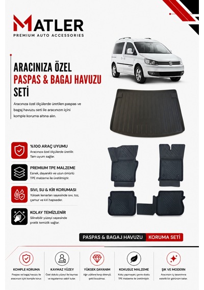 Volkswagen Caddy 2014 Model 4d Ekstra Havuzlu Paspas Ve Bagaj Havuzu Set