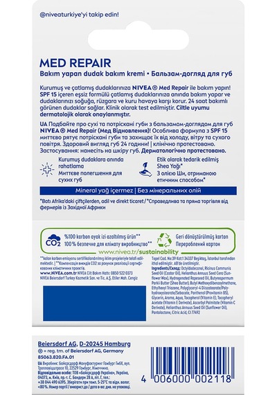 Nıvea Med Repair Dudak Bakım Kremi, 24 Saat Nem,doğal Yağlar İle Çatlamış Dudak Bakım,spf 15 4,8 Ml Sku: Smg8690010393579