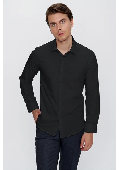 İmza Siyah Klasik Yaka Uzun Kol Cepsiz Slim Fit Basic Pamuklu Gömlek 1004255057