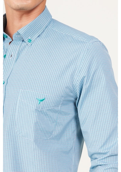 AC&Co / Altınyıldız Classics Erkek Lacı-yesıl Slim Fit Dar Kesim Düğmeli Yaka Logolu Cepli Pamuklu Çizgili Gömlek Lacivert - Yeşil