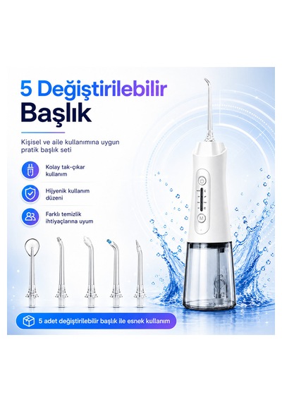 Şarjlı Ağız Duşu 320 Ml Su Hazneli 4 Modlu 20-140 Psı 1500 Mah Type-c Ipx7 5 Başlıklı Taşınabilir Ağız Bakım Cihazı