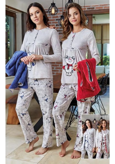 Bone Club 4612 Mavi Yelekli Spor Hamile Lohusa 3 Lü Pijama Yelek Takım