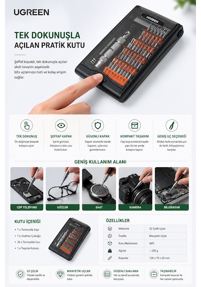 Ugreen 38 Parça Alüminyum Alaşımlı Hassas Elektronikçi Tornavida Seti, 80459