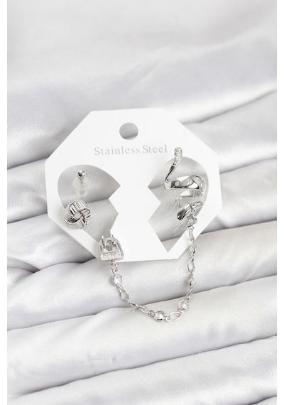 Pirinç Gümüş Renk Yılan Model Zincir Bağlantılı Ear Cuff Küpe Seti Diğer