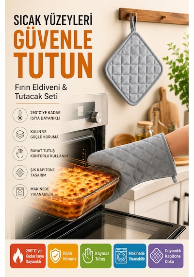 Gri Fırın Eldiveni Ve Tutacak Seti Isıya Dayanıklı Kapitone Mutfak Eldiveni Fırın Tutacağı Gri Renk.
