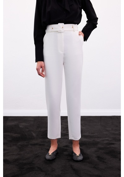 Sateen Kemerli Pantolon - Ekru-136910 Ekru