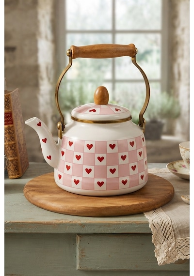 Ahşap Saplı Kampli Emaye Demlik Kettle 2,5 Lt Pembe Alv037