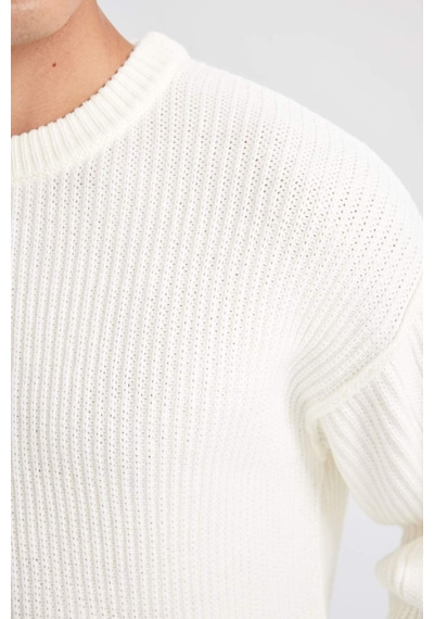 DeFacto Relax Fit Bisiklet Yaka Basic Düz Triko Kazak D3219AX24WNER139 Ekru