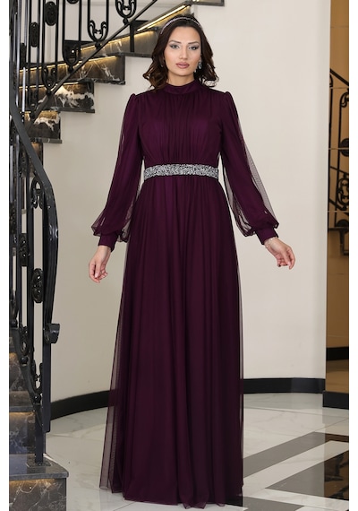 Raika Moda Alia Şık Taş Detaylı Büyük Beden Tesettür Abiye - Alya Mürdüm