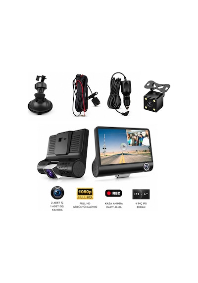 Mega Oto Market Araç İçi 3 Kameralı Araç Kamerası 140 Geniş Açı 1080p Full Hd Gece Görüşlü Yol Kayıt Sistemi