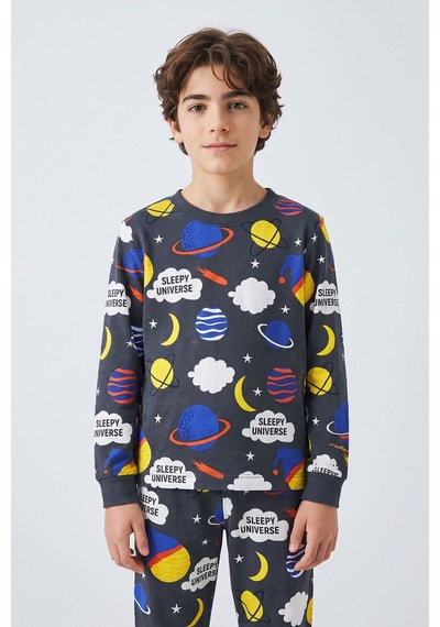 Zuzunga Planet Pattern Uzun Kollu Erkek Çocuk Pijama Takımı Füme