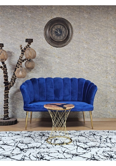 Zafir İkili Papatya Çay Seti Koltuk Gold Sivriltme Ayak, Balkon, Salon, Ofis, Koltuk Takımı, İkili Berjer Mavi