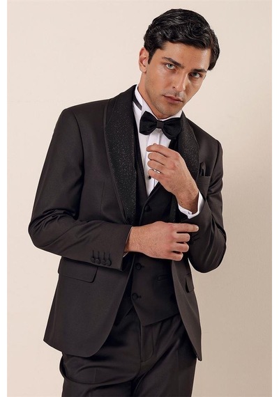 İmza Siyah Desenli Çıkarılabilir Şal Yaka Yelekli 6 Drop Slim Fit Smokin Damatlık Takım 1001230203-Siyah İmza Siyah Desenli Çıkarılabilir Şal Yaka Yelekli 6 Drop Slim Fit Smokin Damatlık Takım 1001230203-Siyah