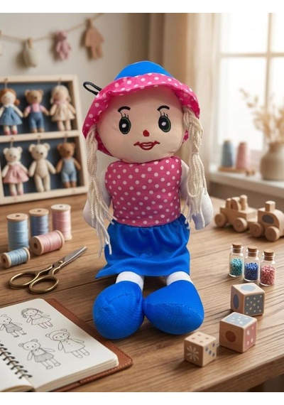 Fatma Bebek 48cm Büyük Puantiye Desenli Elbiseli Ve Şapkalı El Yapımı Oyuncak Bez Bebek Mavi