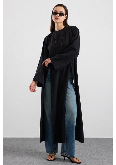 Olcay Derin Yırtmaçlı Oversize Uzun Tunik Siyah 9838