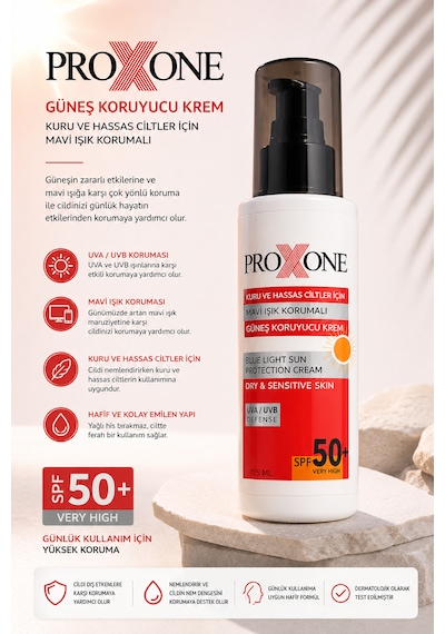 Proxone Kuru Ve Hassas Ciltler İçin Güneş Koruyucu Krem Mavi Işık Korumalı Spf 50+ 125ml