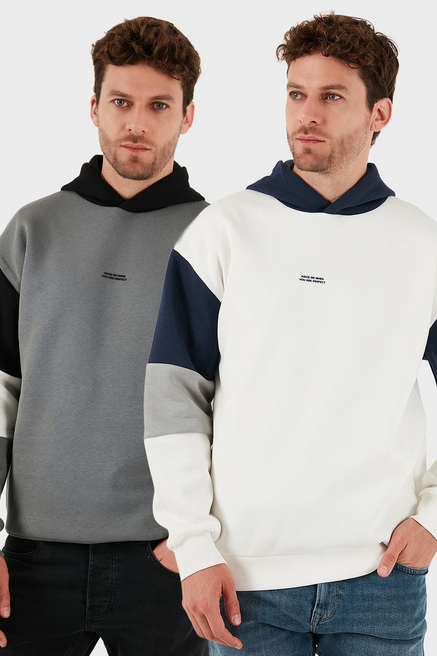 Buratti Pamuklu Relaxed Fit Kapüşonlu Içi Tüylü Yumuşak Şardonlu 2' Li Paket Erkek Sweat 5905299S2 Açık Haki-Ekru