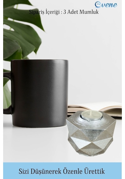 Mumluk Şamdan 3 Adet Tealight Ve İnce Mum Uyumlu Prizma Model - Gümüş